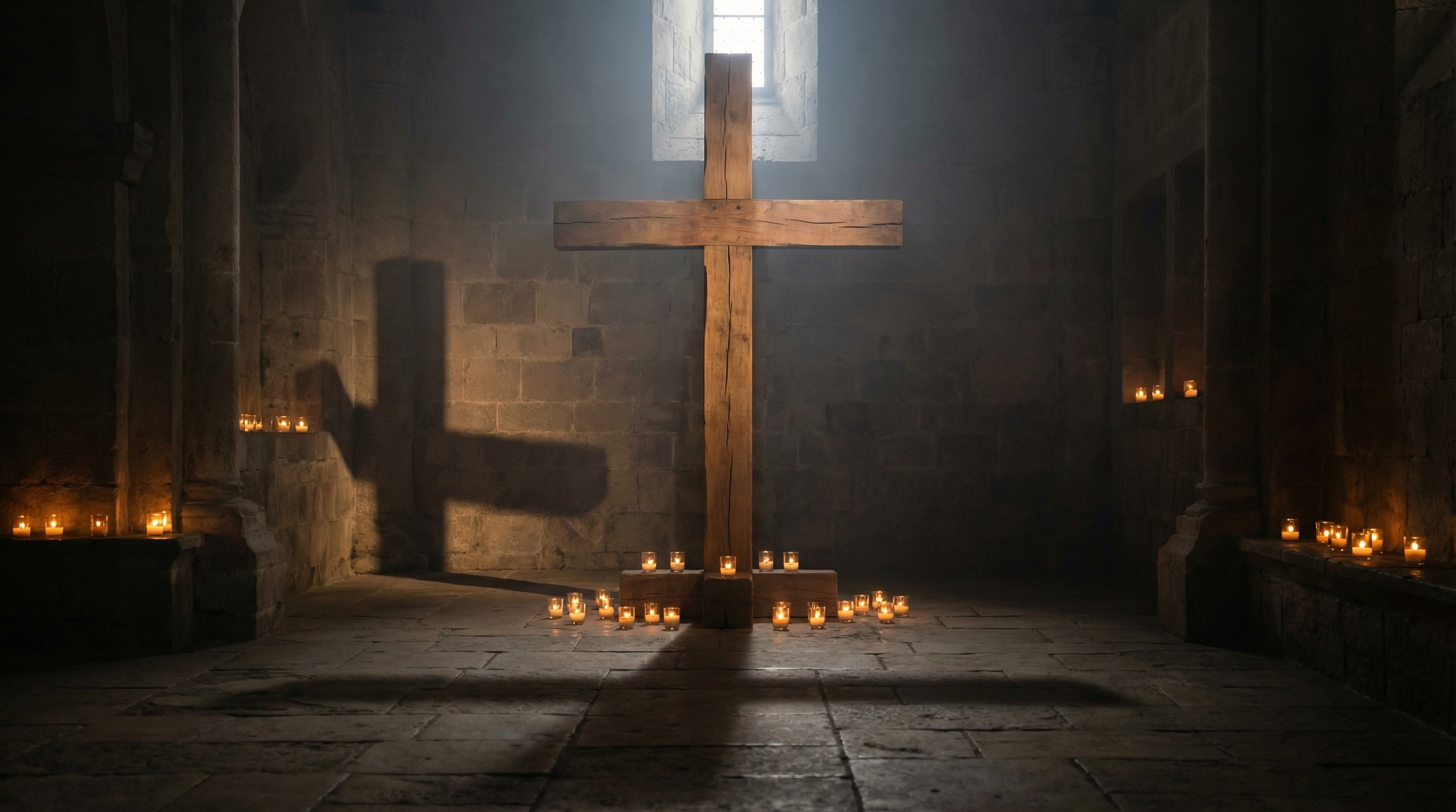 Wooden cross surrounded by candlelight in a stone sanctuary