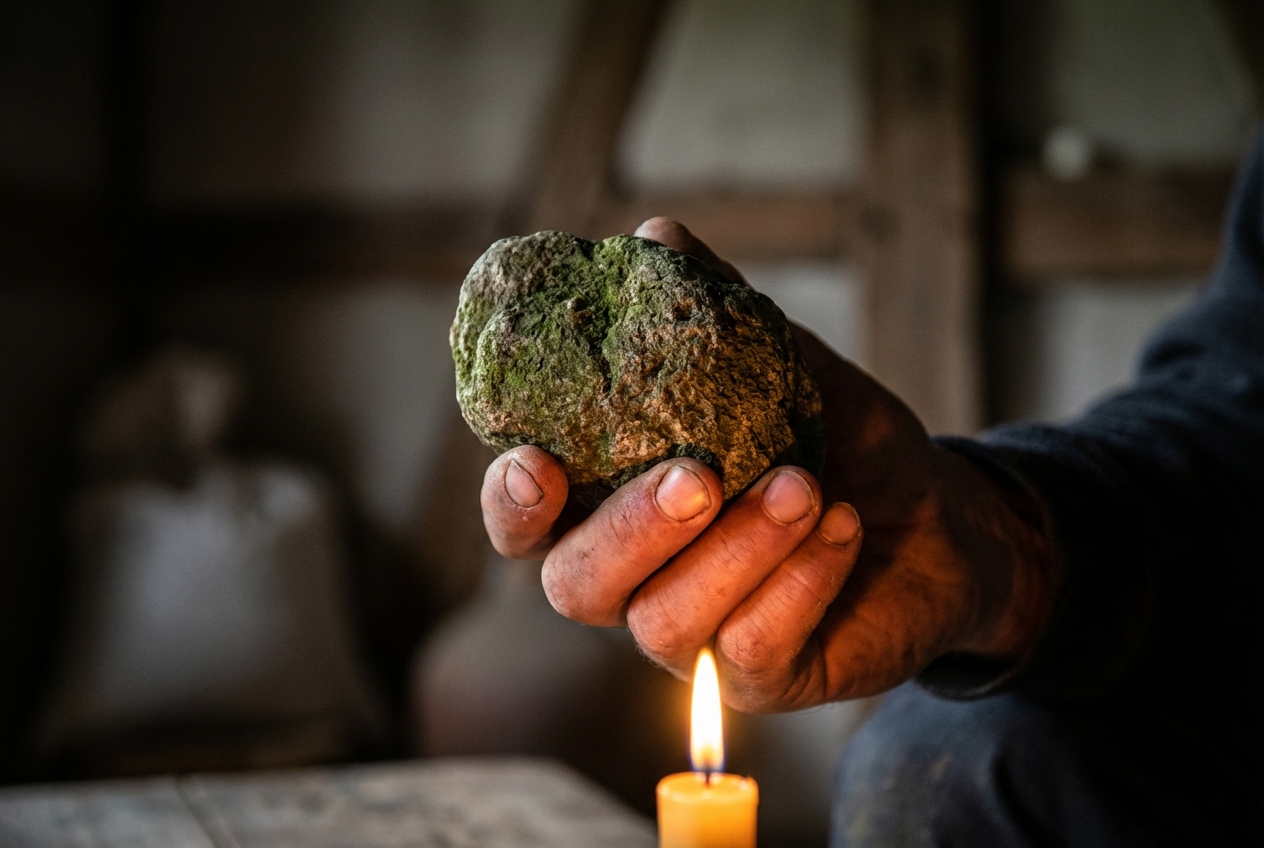 A hand holding a stone by candlelight